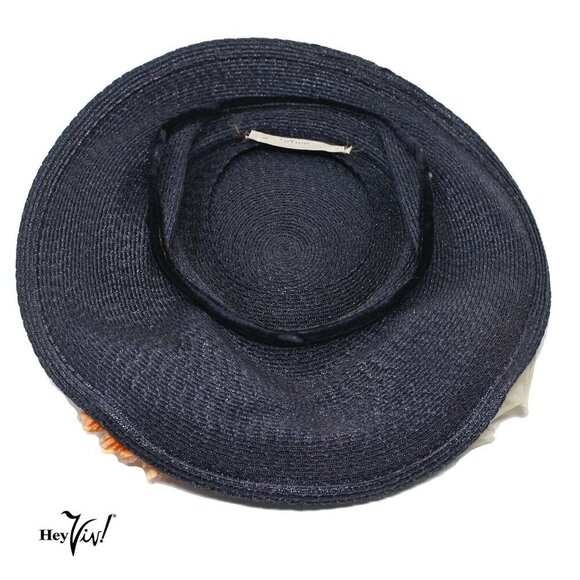 Vintage 40s 50s Navy Blue Flowered Platter Hat 12" Wide w Wired Brim - Hey Viv - Picture 5 of 7